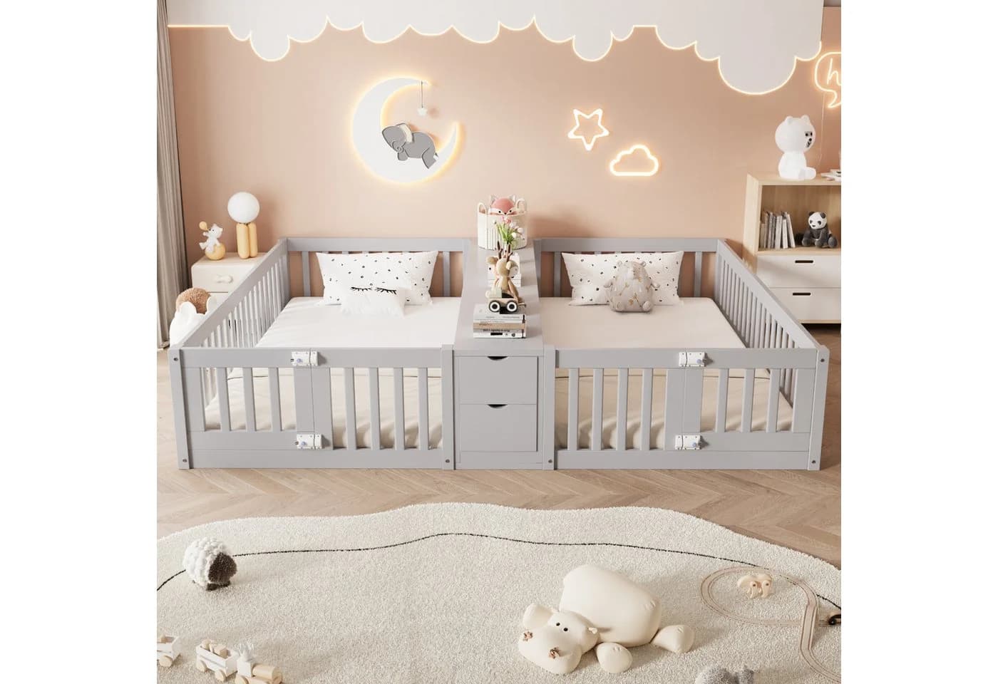 Flieks Kinderbett Bodenbett grau mit Schubladen und Regal