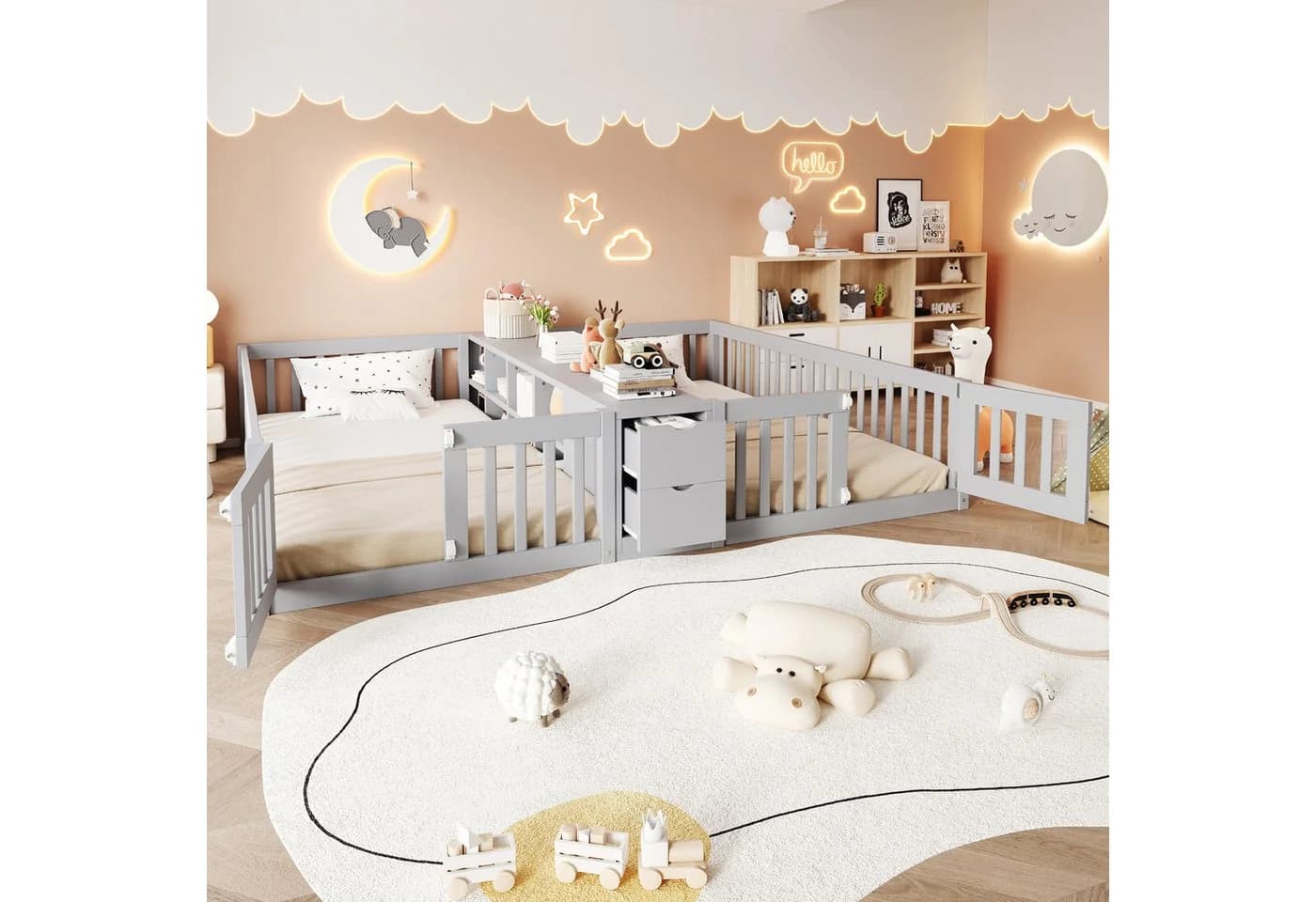 Flieks Kinderbett Bodenbett grau mit Schubladen und Regal - Bild 3