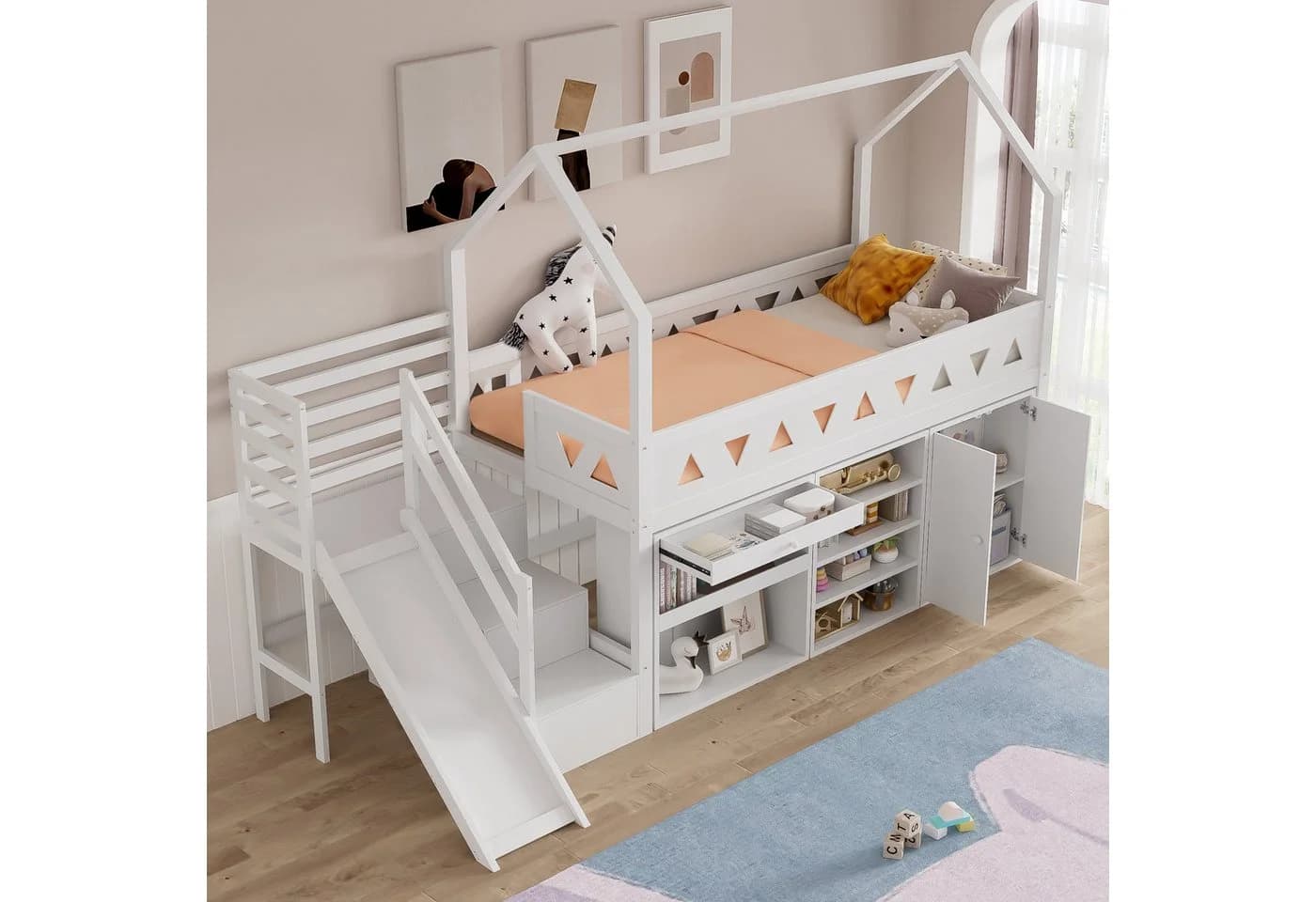 Flieks Hochbett Kinderbett Etagenbett mit Schränken, Rutsche und Treppe weiß