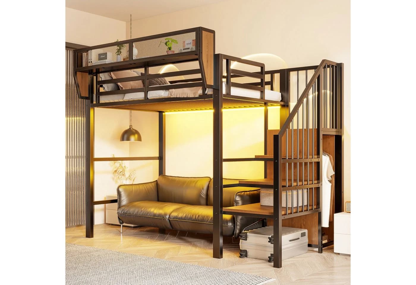 Flieks Hochbett Metallbett 90x200cm mit LED & Stauraumtreppe - Bild 2