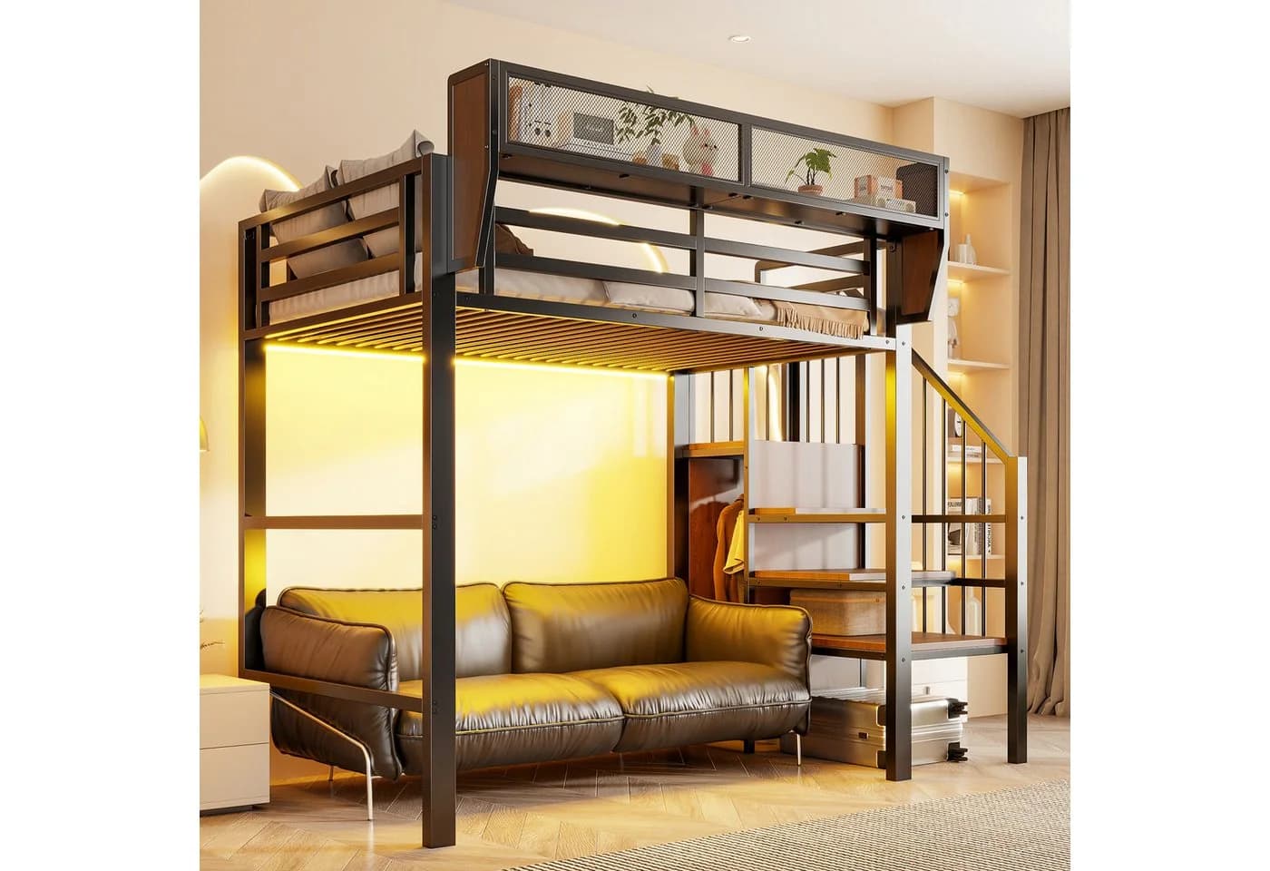 Flieks Hochbett Metallbett 90x200cm mit LED & Stauraumtreppe - Bild 4