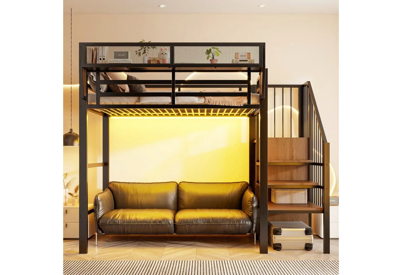 Flieks Hochbett Metallbett 90x200cm mit LED & Stauraumtreppe - Bild 5