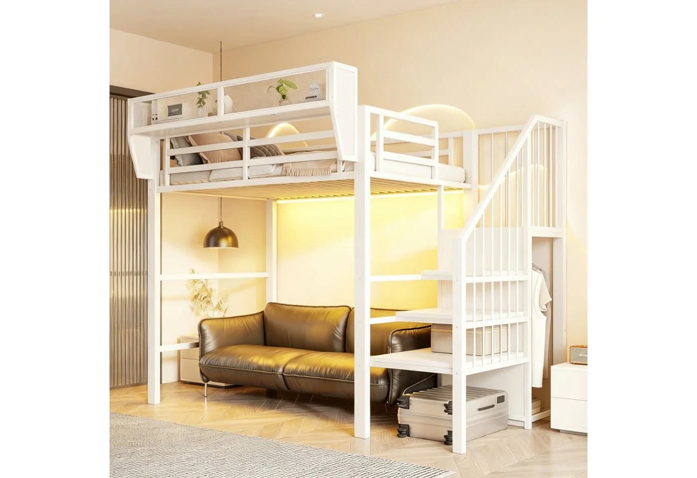Flieks Hochbett Metallbett 90x200cm mit LED & Stauraumtreppe - Bild 2