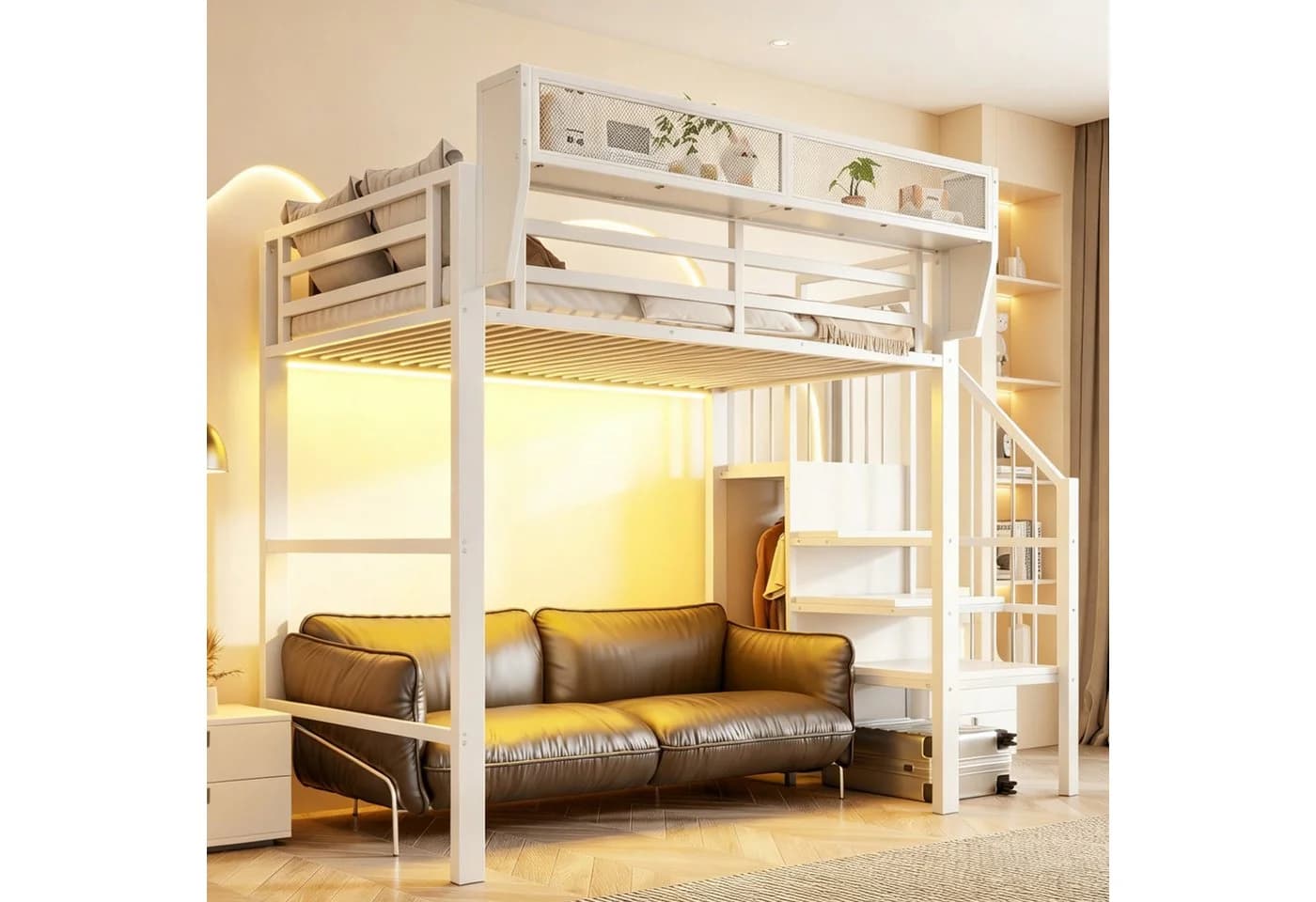 Flieks Hochbett Metallbett 90x200cm mit LED & Stauraumtreppe - Bild 4