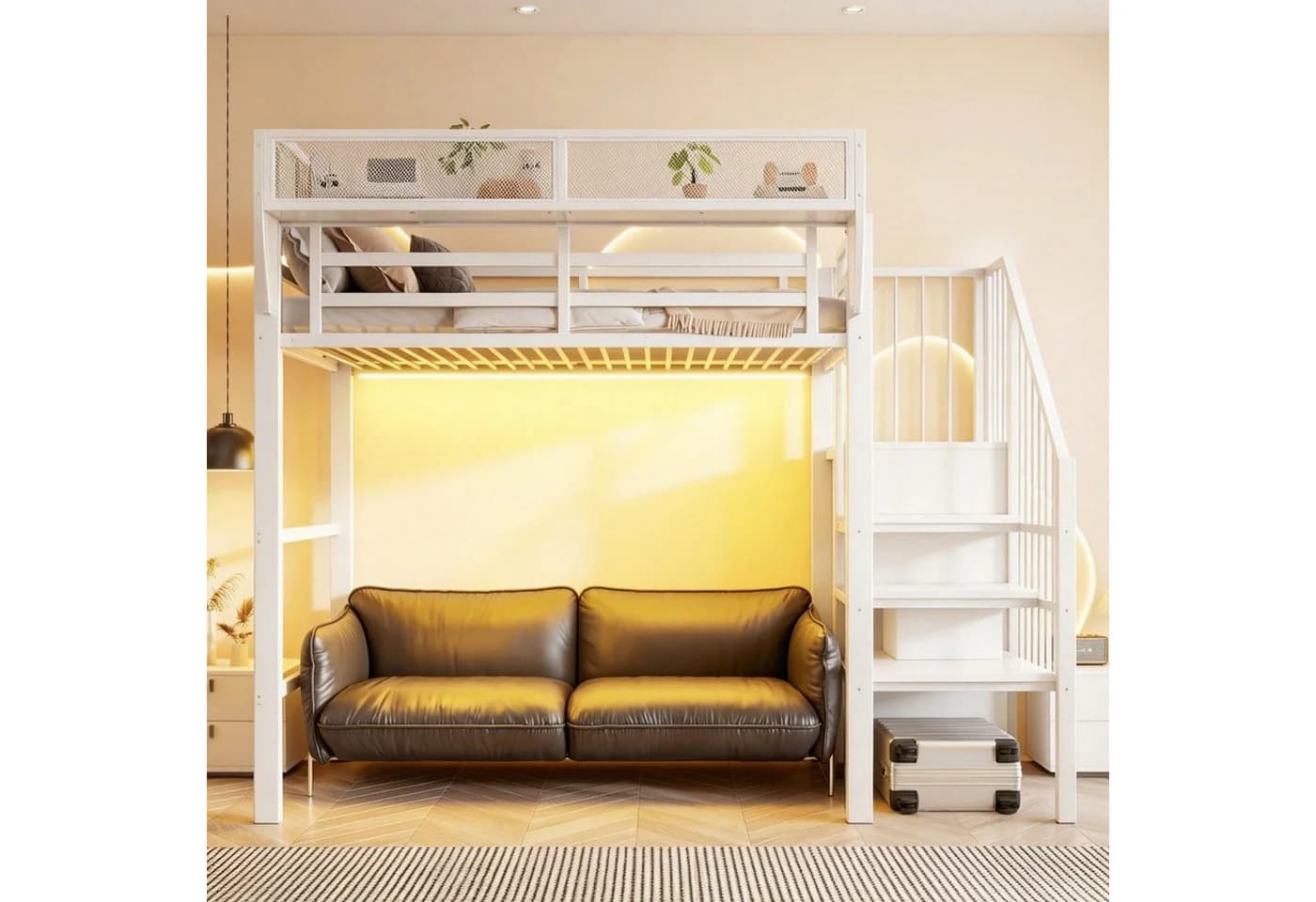Flieks Hochbett Metallbett 90x200cm mit LED & Stauraumtreppe - Bild 5