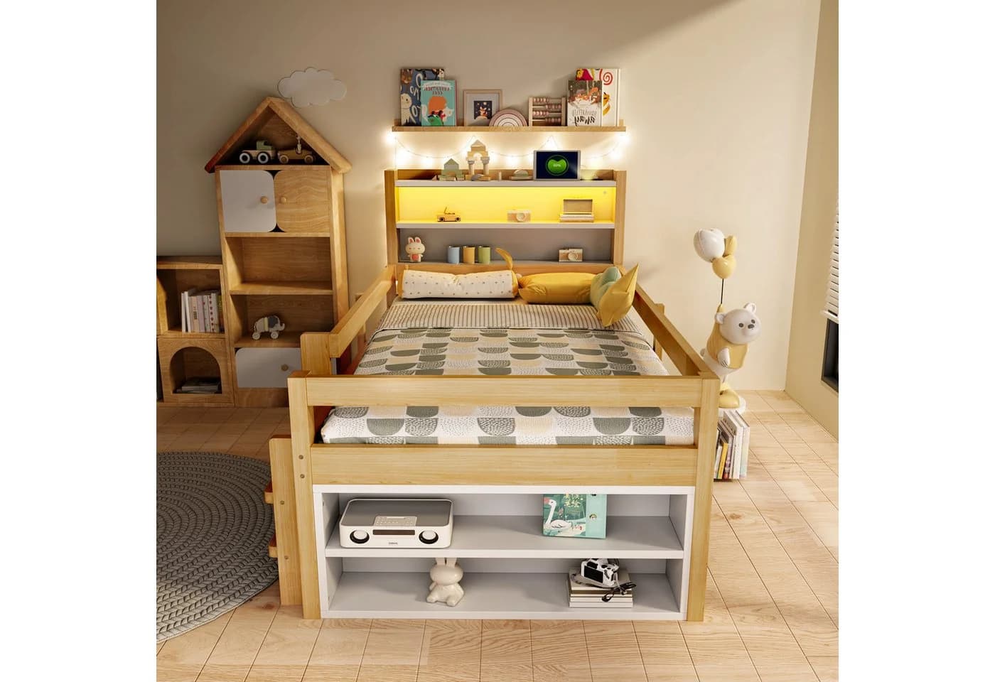 Flieks Kinderbett Halbhochbett 90x200cm mit Schrank, LED & USB