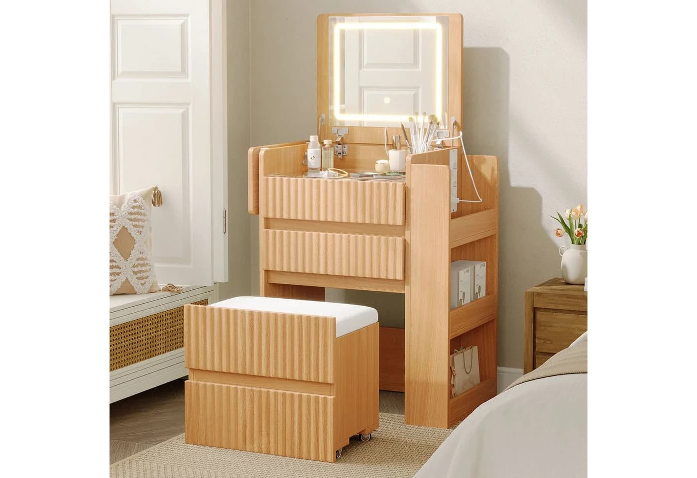 Flieks Schminktisch mit LED-Spiegel, 3 Schubladen, Hocker beige