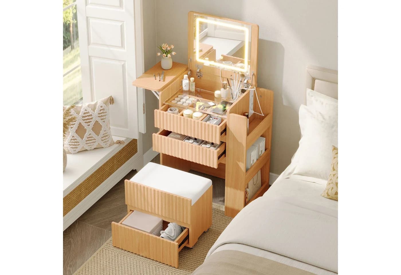 Flieks Schminktisch mit LED-Spiegel, 3 Schubladen, Hocker beige - Bild 2