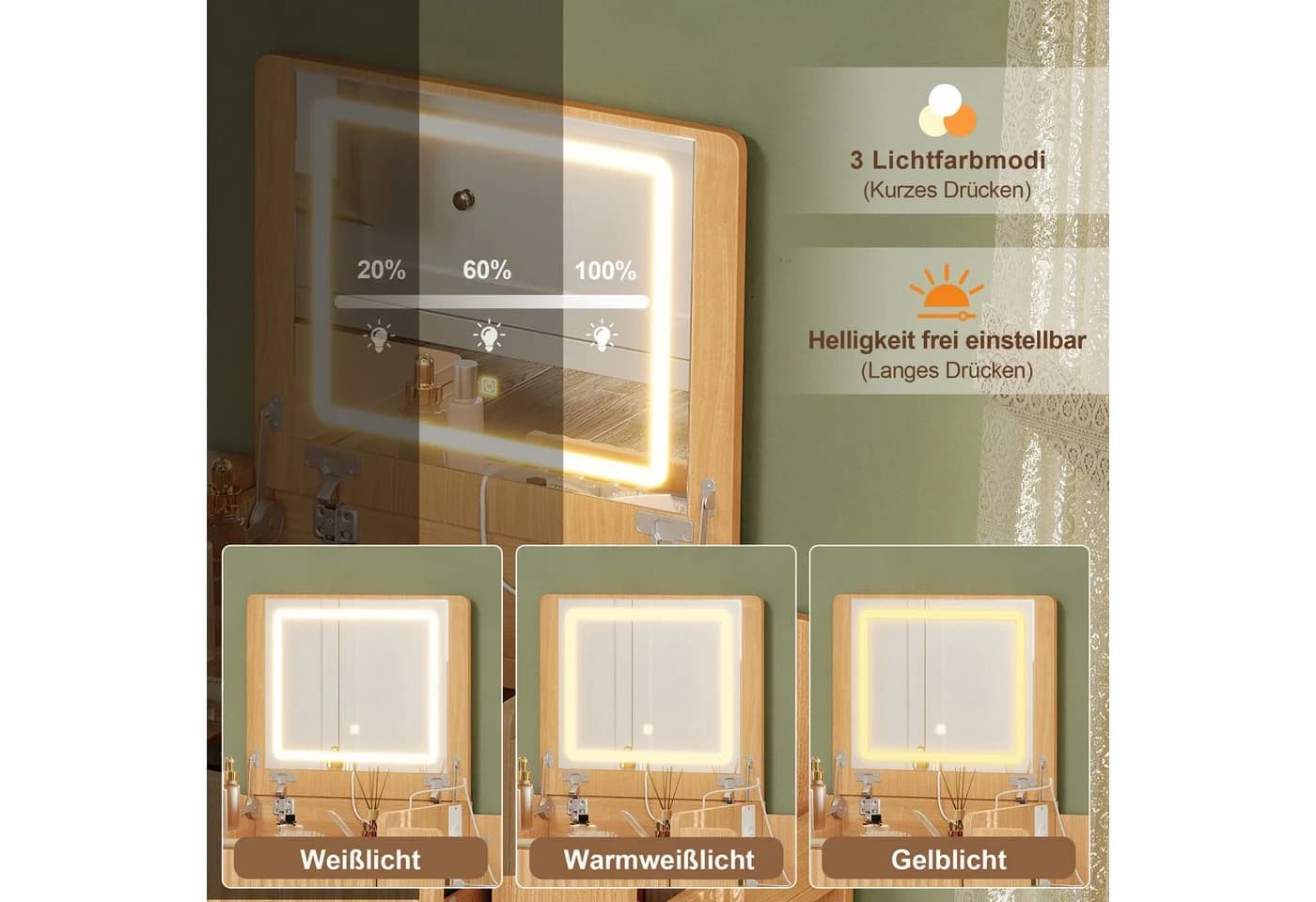 Flieks Schminktisch mit LED-Spiegel, 3 Schubladen, Hocker beige - Bild 4