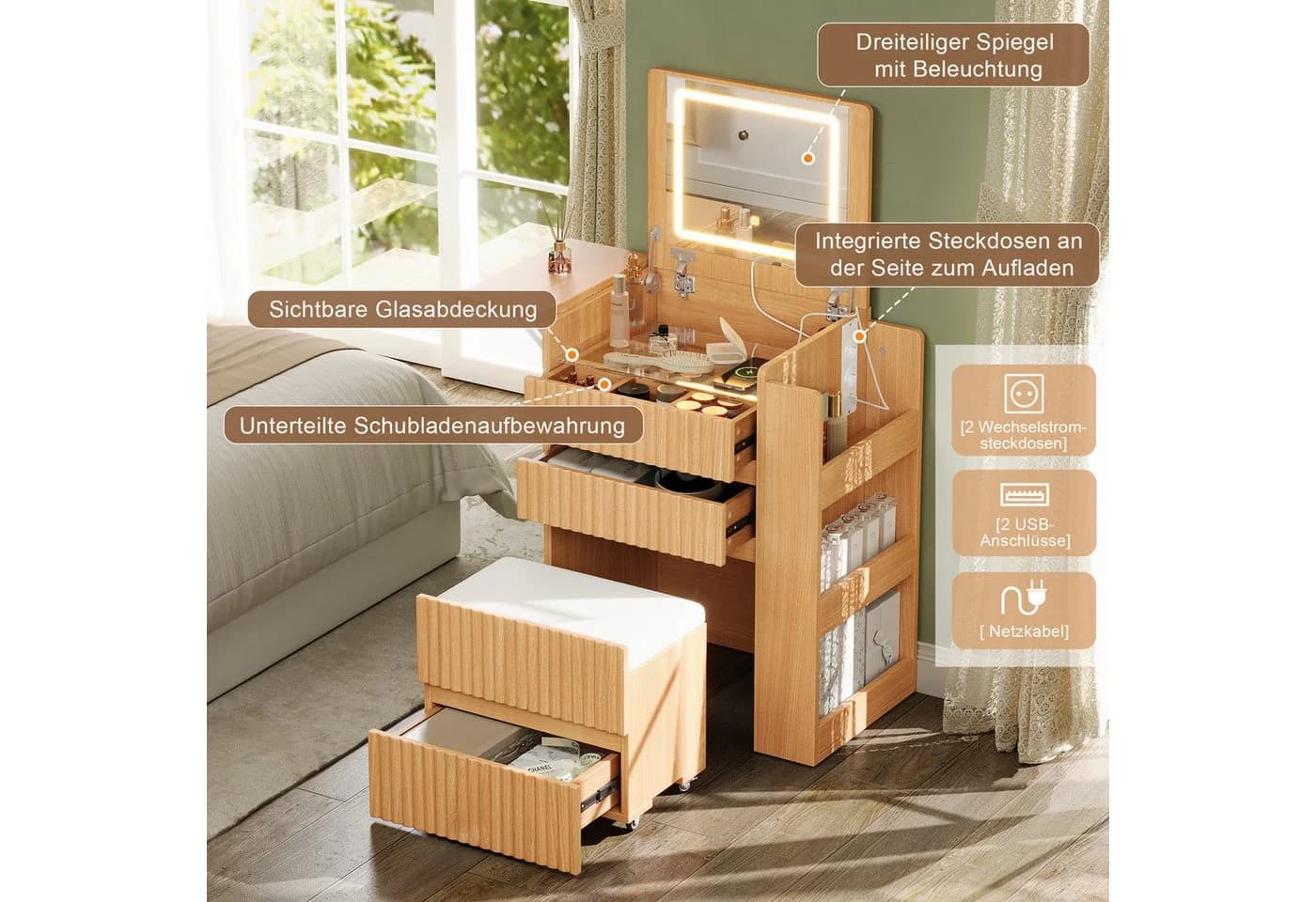 Flieks Schminktisch mit LED-Spiegel, 3 Schubladen, Hocker beige - Bild 5