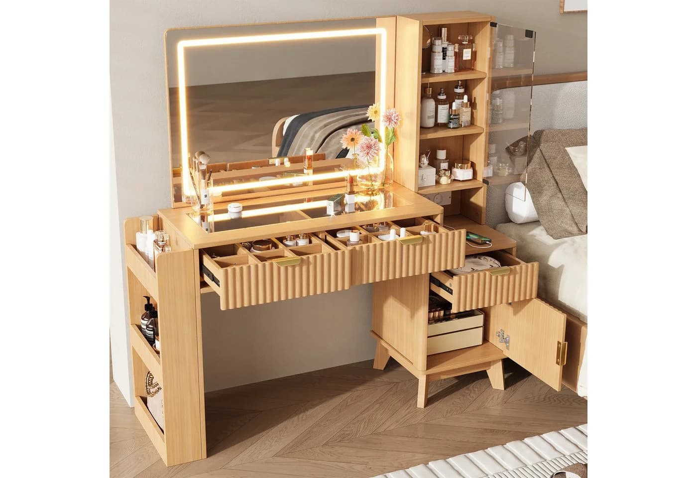 Flieks Schminktisch mit LED-Spiegel und USB-Anschluss Beige
