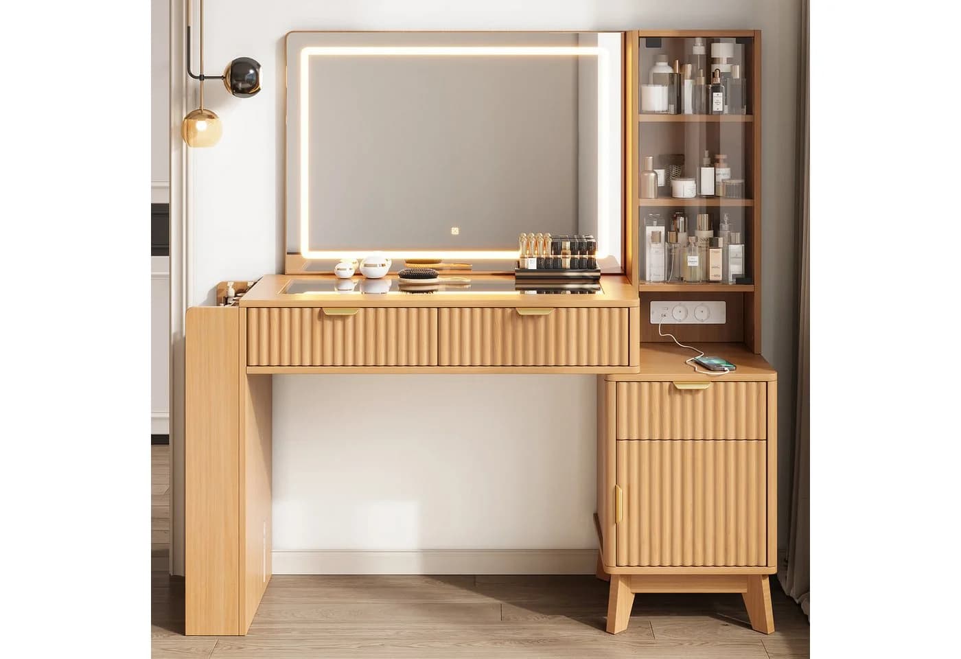Flieks Schminktisch mit LED-Spiegel und USB-Anschluss Beige - Bild 3
