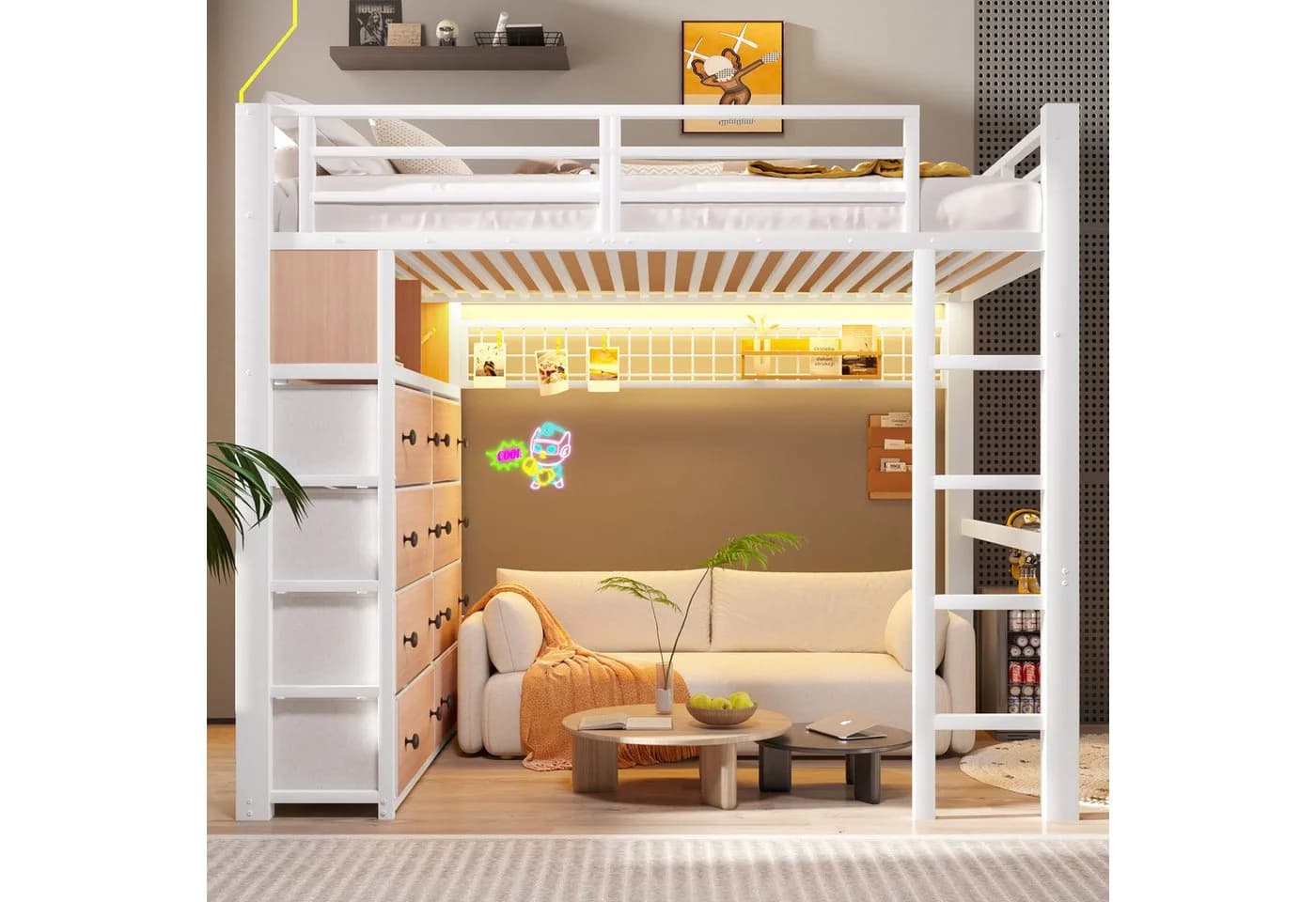 Flieks Hochbett Metall mit Schubladen & LED