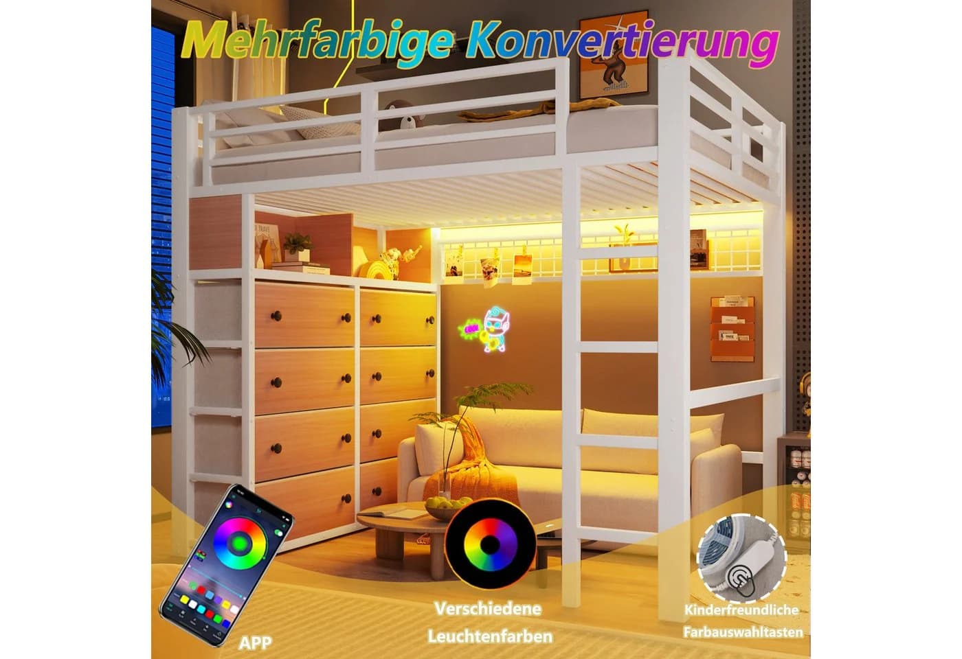 Flieks Hochbett Metall mit Schubladen & LED - Bild 3