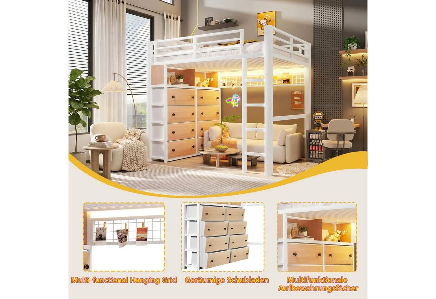 Flieks Hochbett Metall mit Schubladen & LED - Bild 4