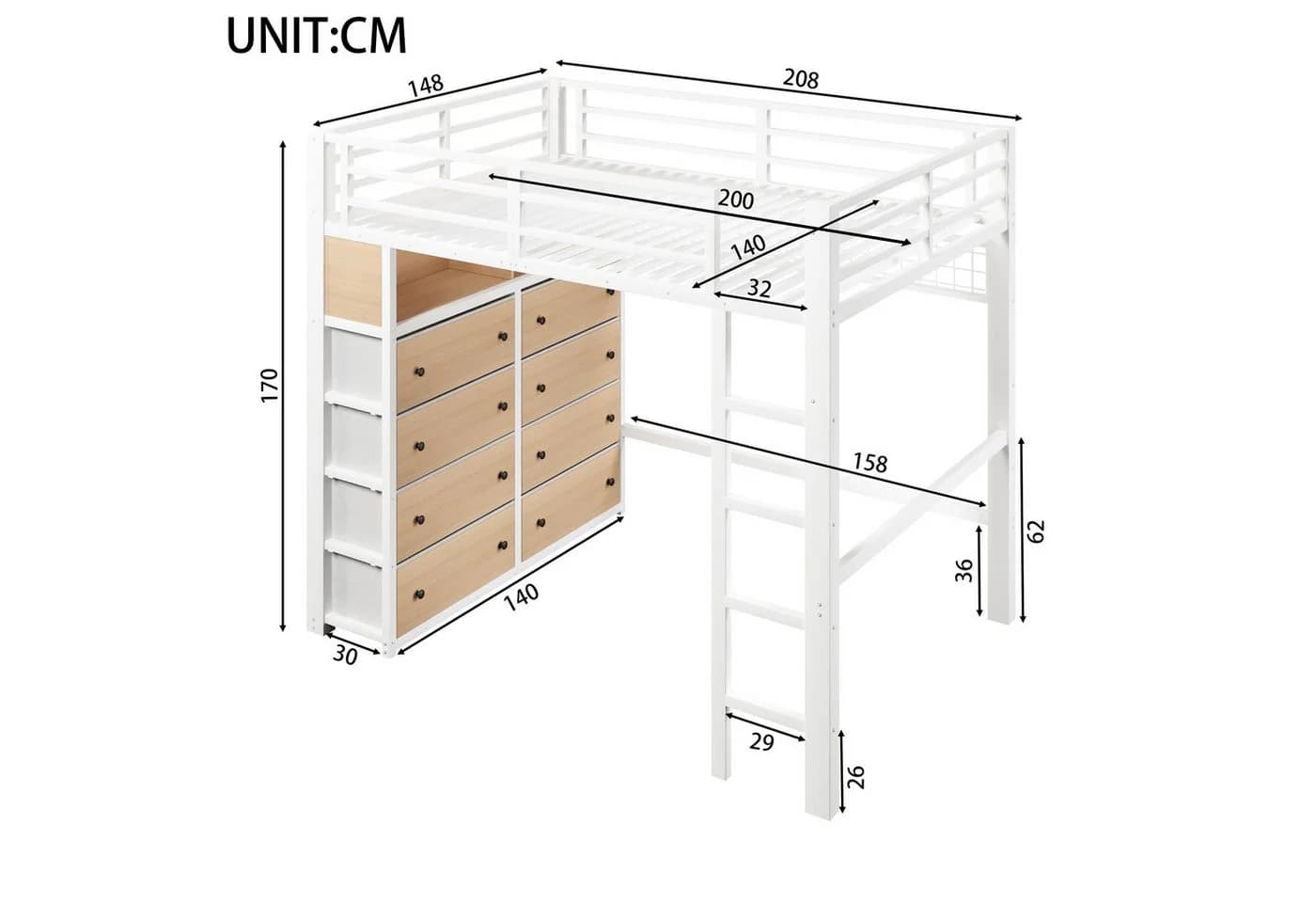 Flieks Hochbett Metall mit Schubladen & LED - Bild 5
