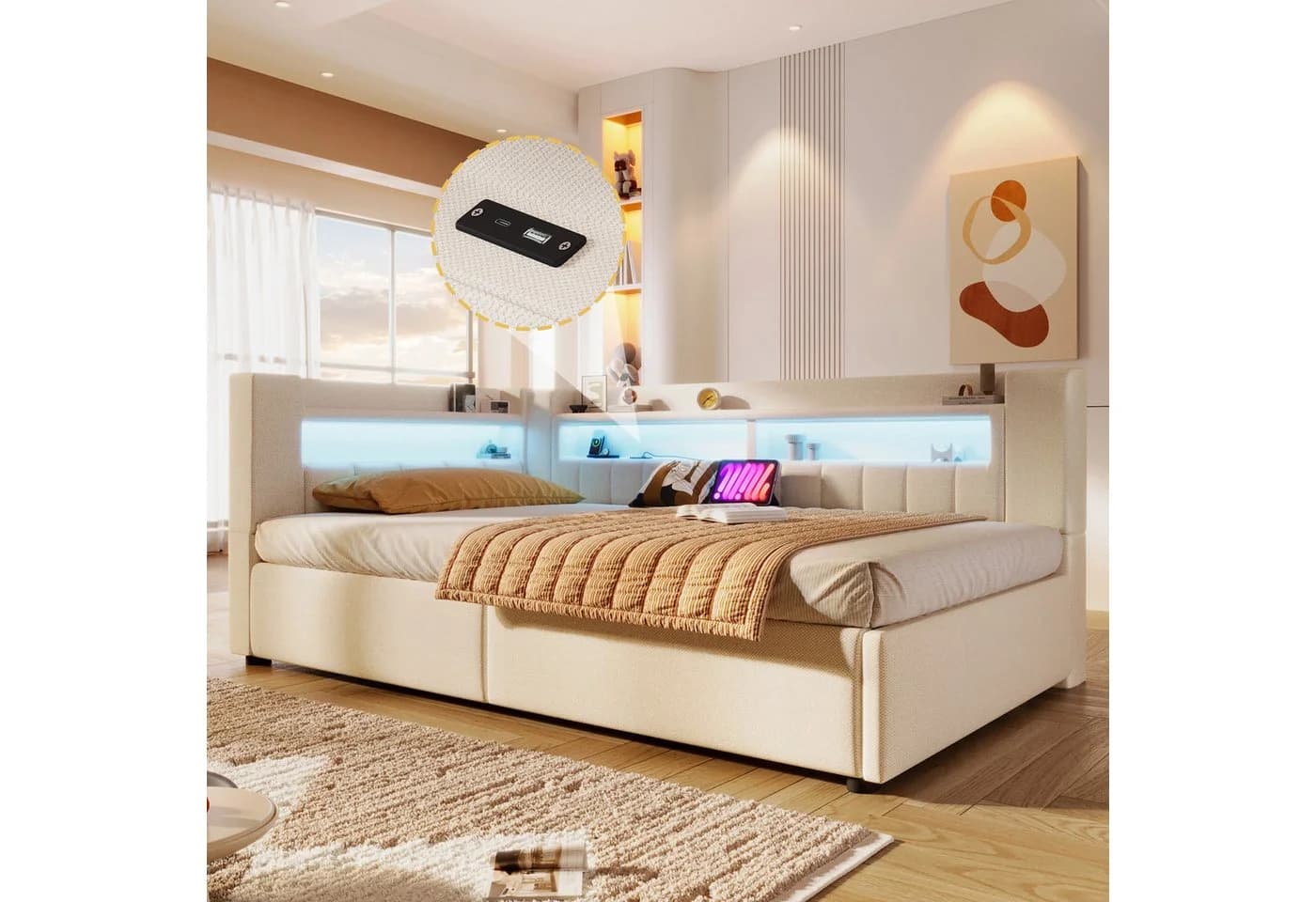Flieks Polsterbett 90x200cm mit LED-Beleuchtung und Stauraum