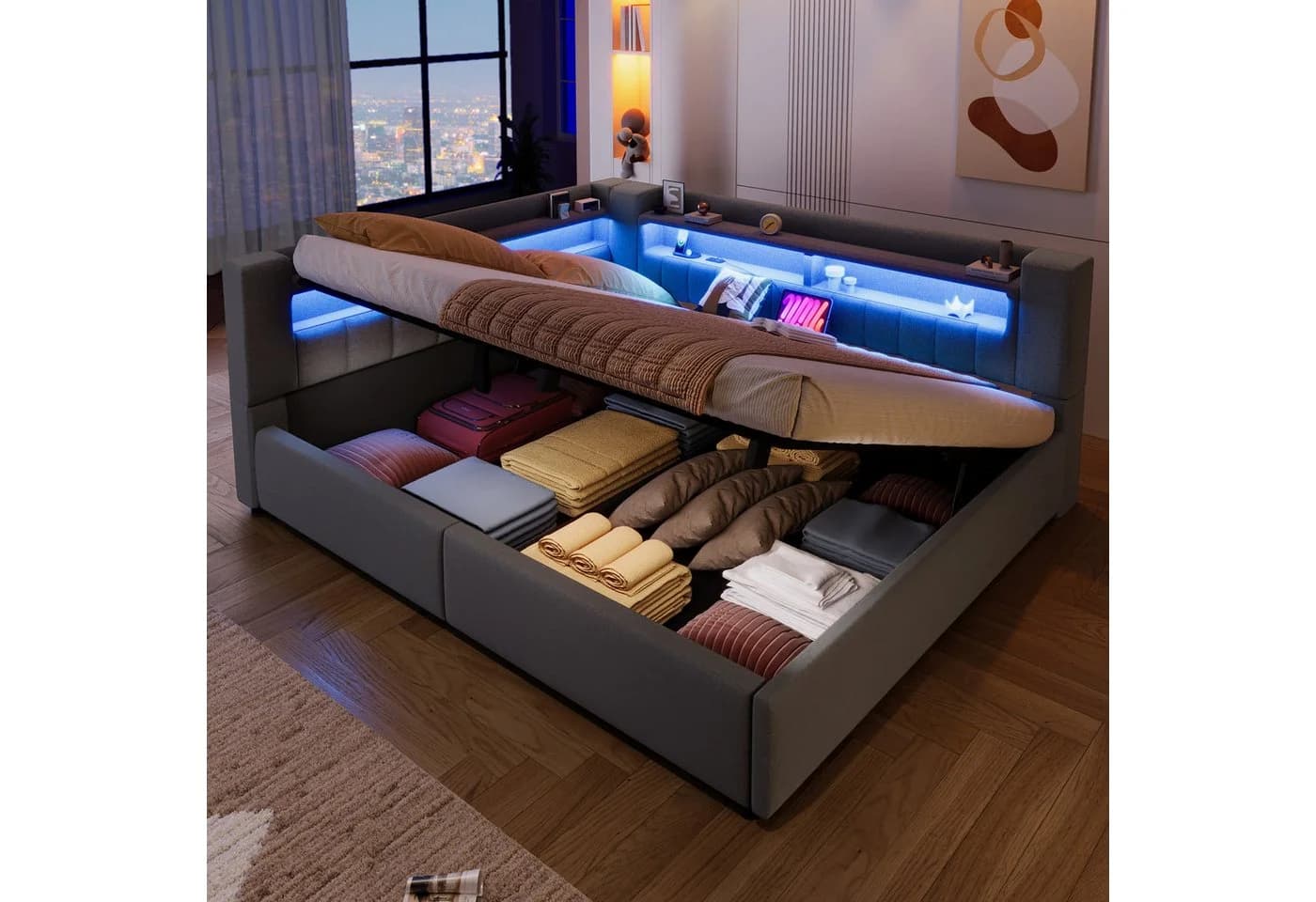 Flieks Polsterbett 140x200 mit LED-Beleuchtung und Ladefunktion Grau - Bild 2