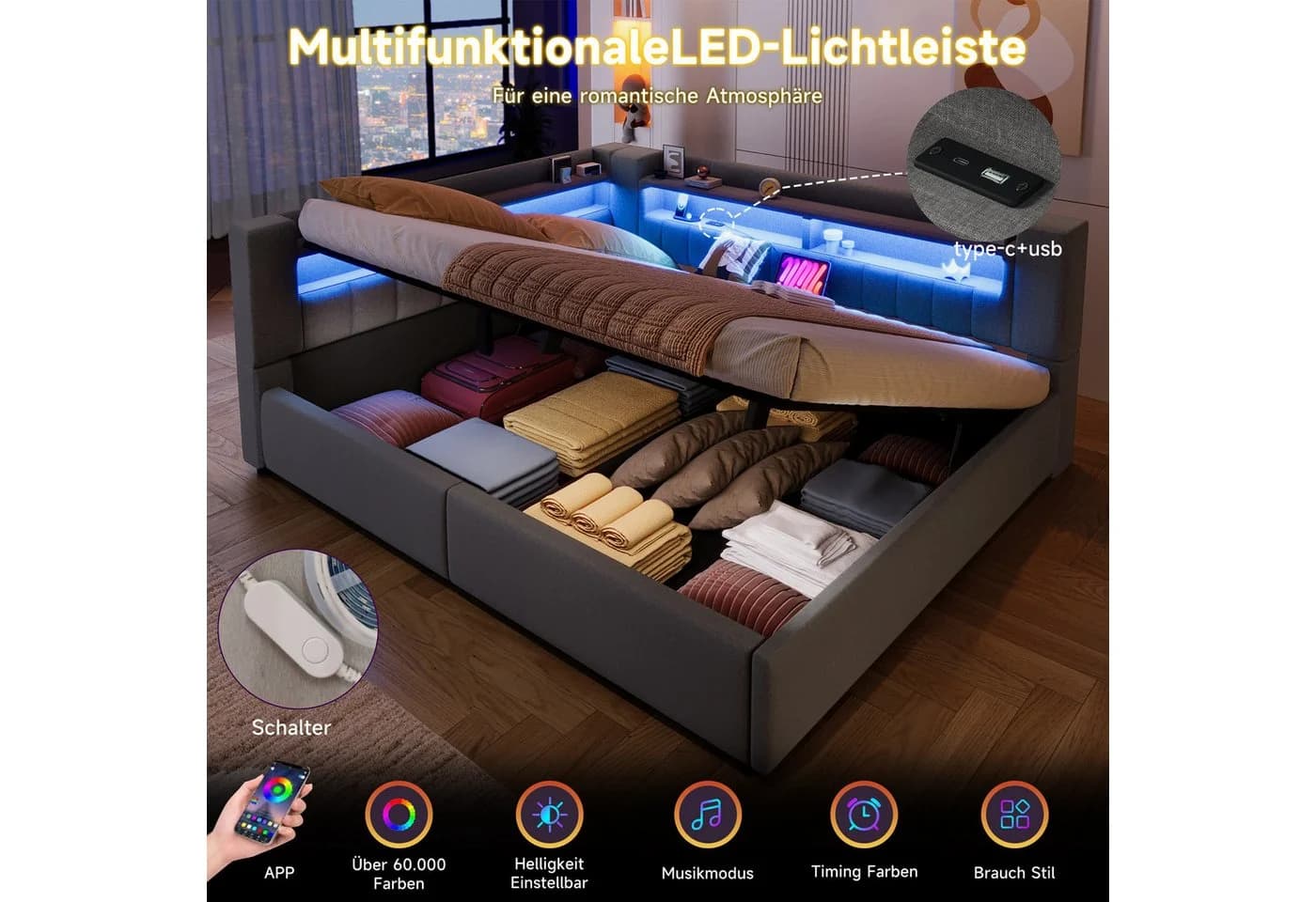 Flieks Polsterbett 140x200 mit LED-Beleuchtung und Ladefunktion Grau - Bild 5