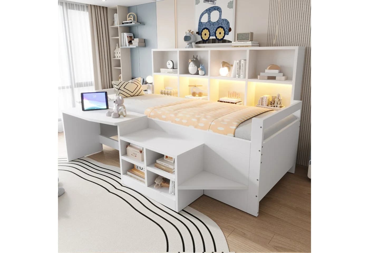 Flieks Halbhochbett mit Schreibtisch, Schrank & LED-Leiste Weiß - Bild 2