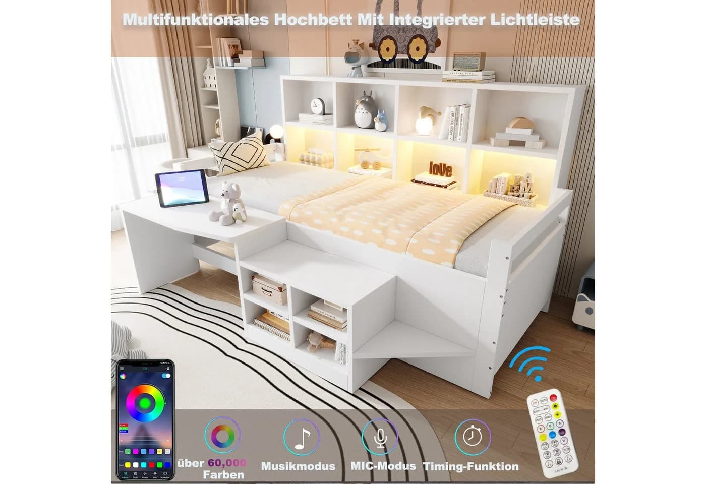 Flieks Halbhochbett mit Schreibtisch, Schrank & LED-Leiste Weiß - Bild 4