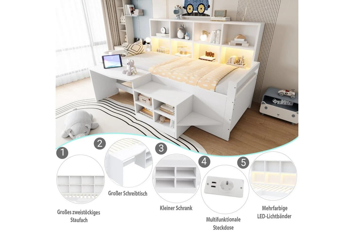 Flieks Halbhochbett mit Schreibtisch, Schrank & LED-Leiste Weiß - Bild 5