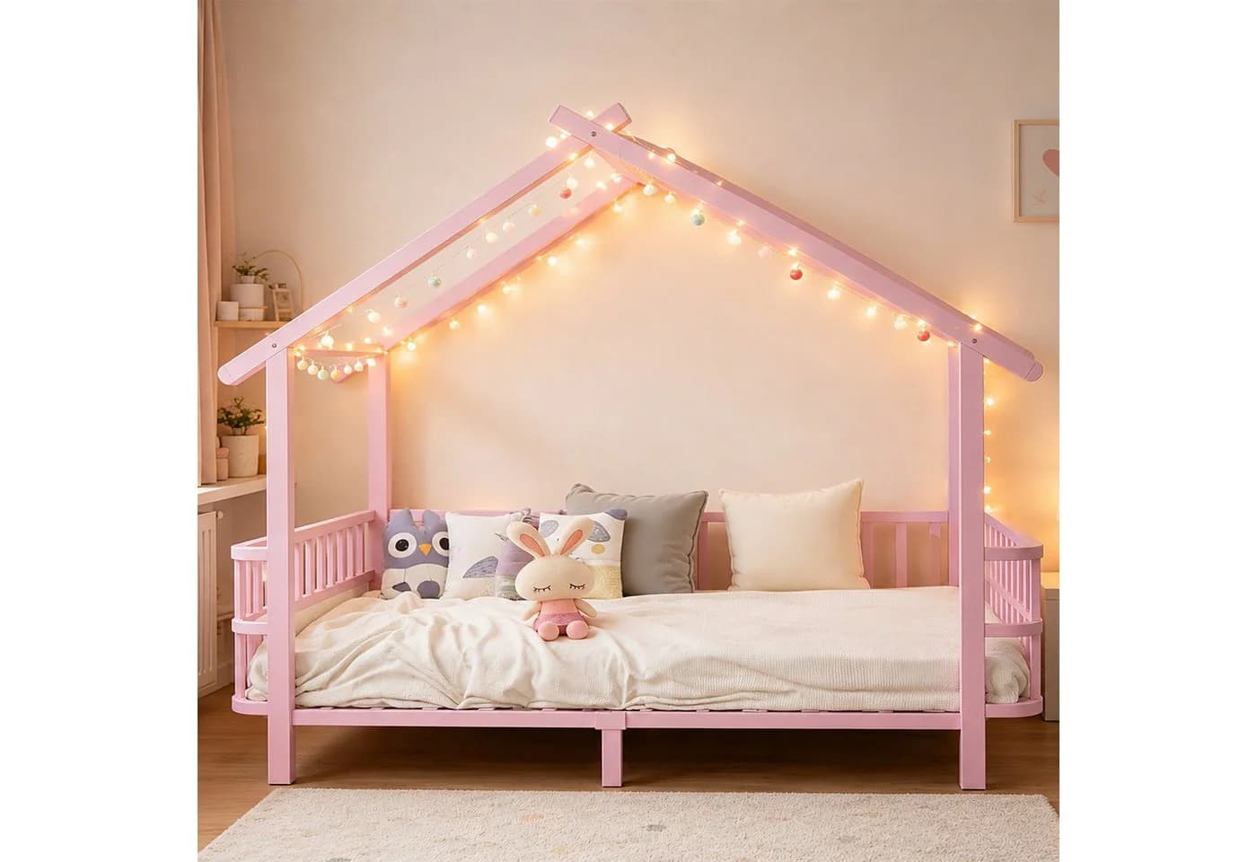 Flieks Kinderbett Hausform Metall Rosa mit Sicherheitsgitter
