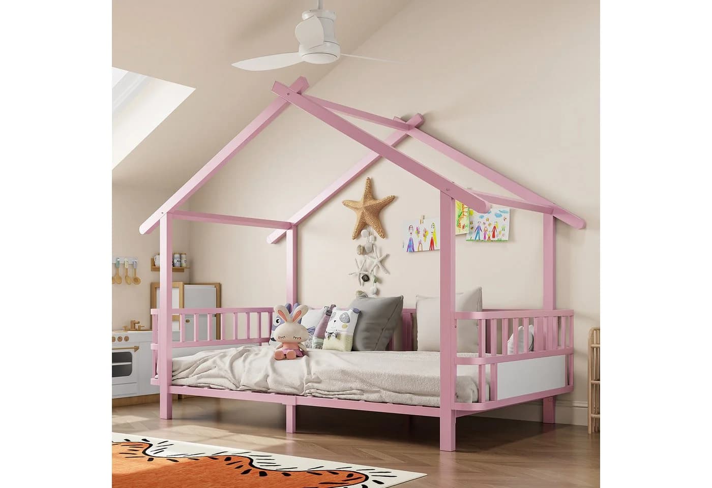 Flieks Kinderbett Hausform Metall Rosa mit Sicherheitsgitter - Bild 3