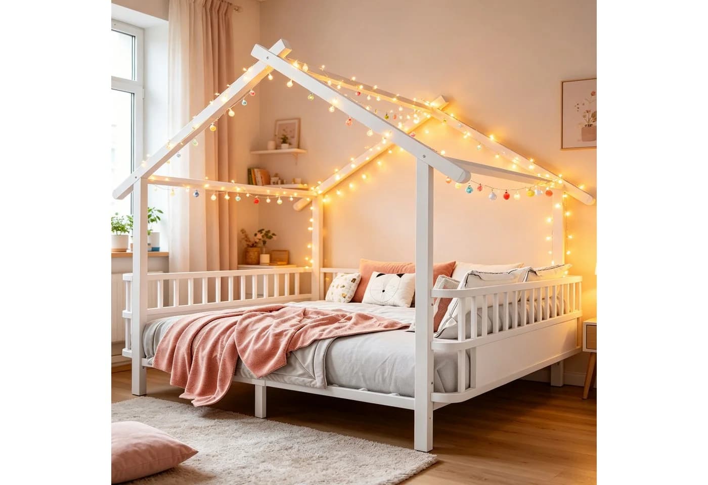 Flieks Kinderbett Metall Hausform 140x200cm mit Sicherheitsgitter und Lattenrost - Bild 2