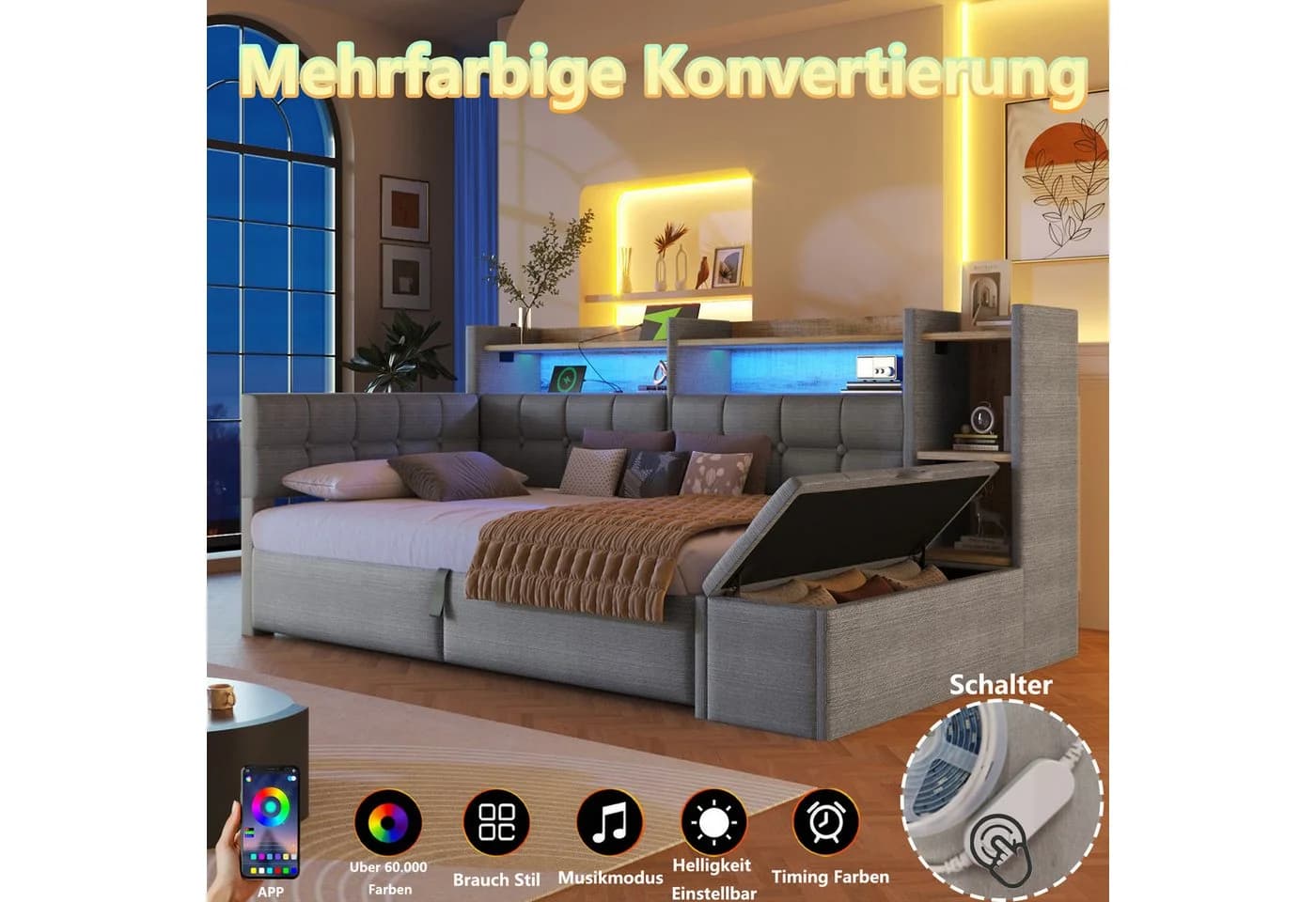 Flieks Daybett Polsterbett 90x200cm mit LED, USB & Bettkasten Dunkelgrau - Bild 4