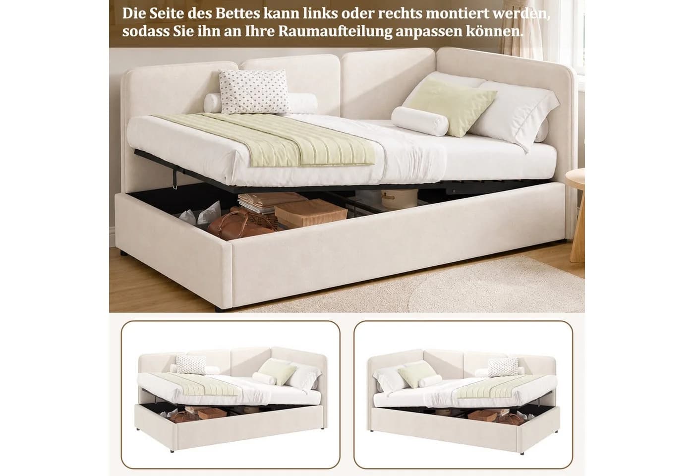 Flieks Daybett mit hydraulischem Stauraum und Samtbezug Beige - Bild 3
