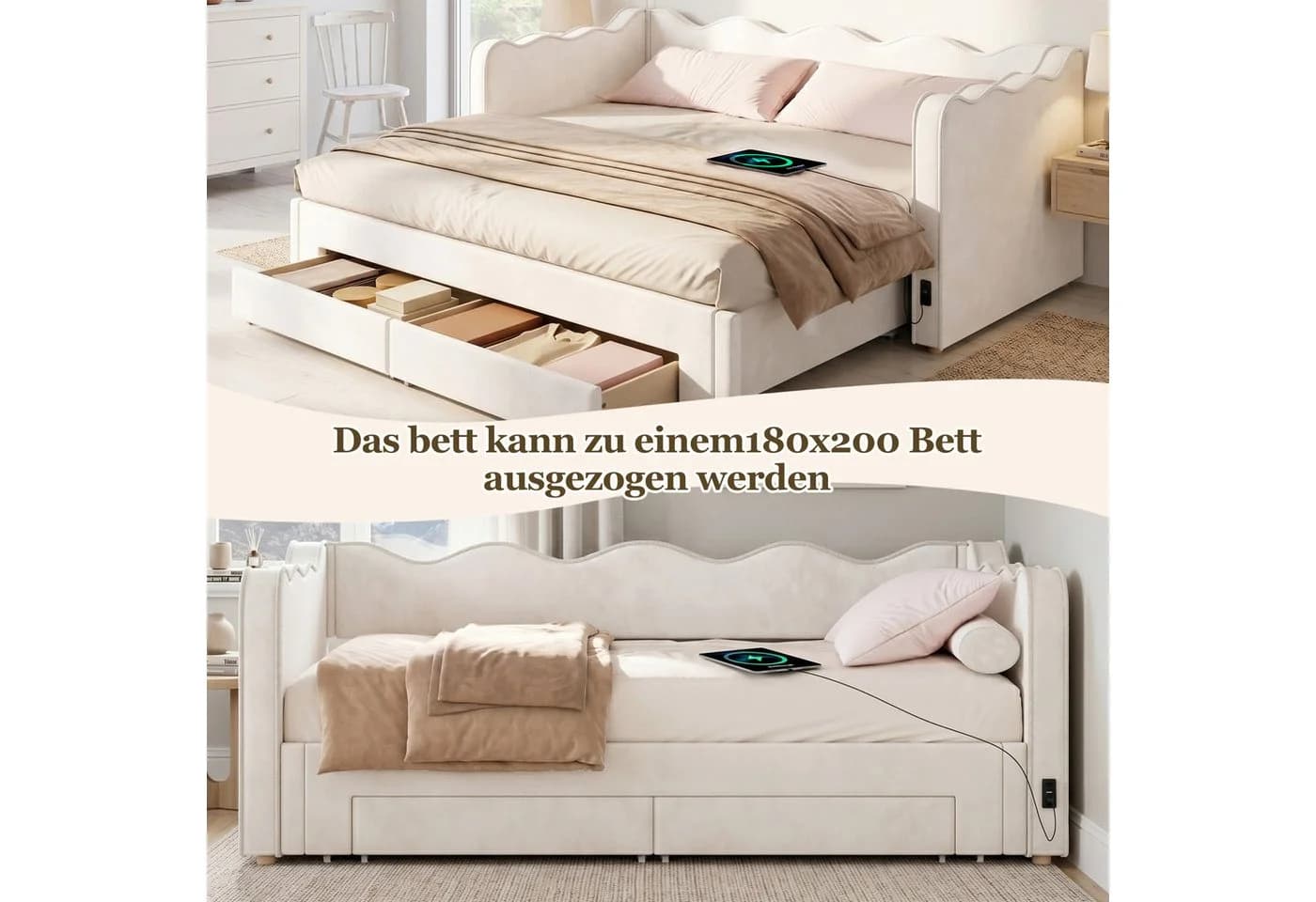 Flieks Polsterbett Daybett Beige mit Schubladen & Ausziehbett - Bild 3