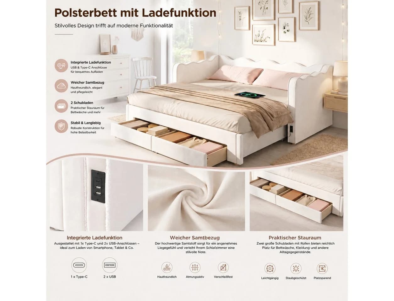 Flieks Polsterbett Daybett Beige mit Schubladen & Ausziehbett - Bild 4