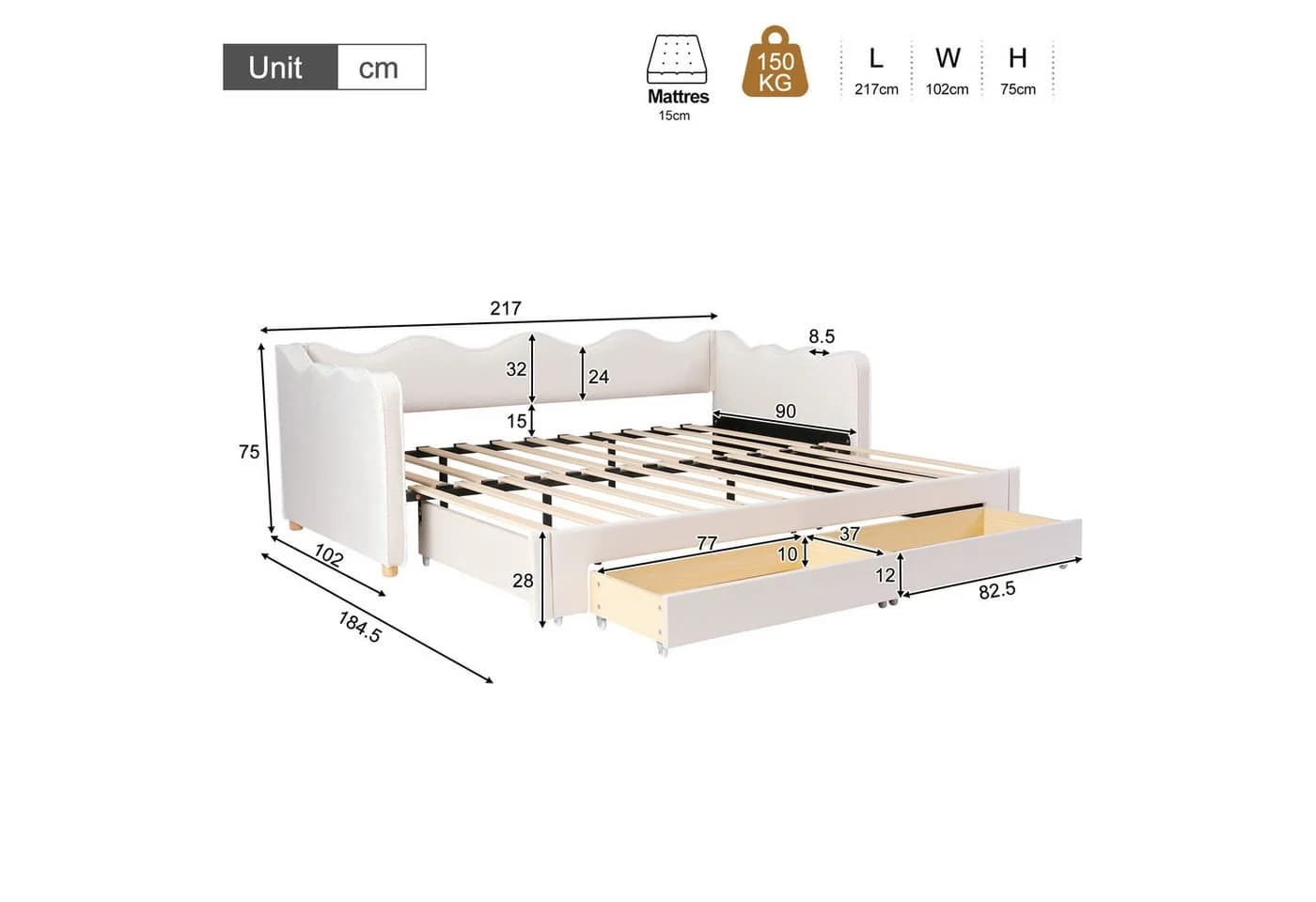 Flieks Polsterbett Daybett Beige mit Schubladen & Ausziehbett - Bild 5