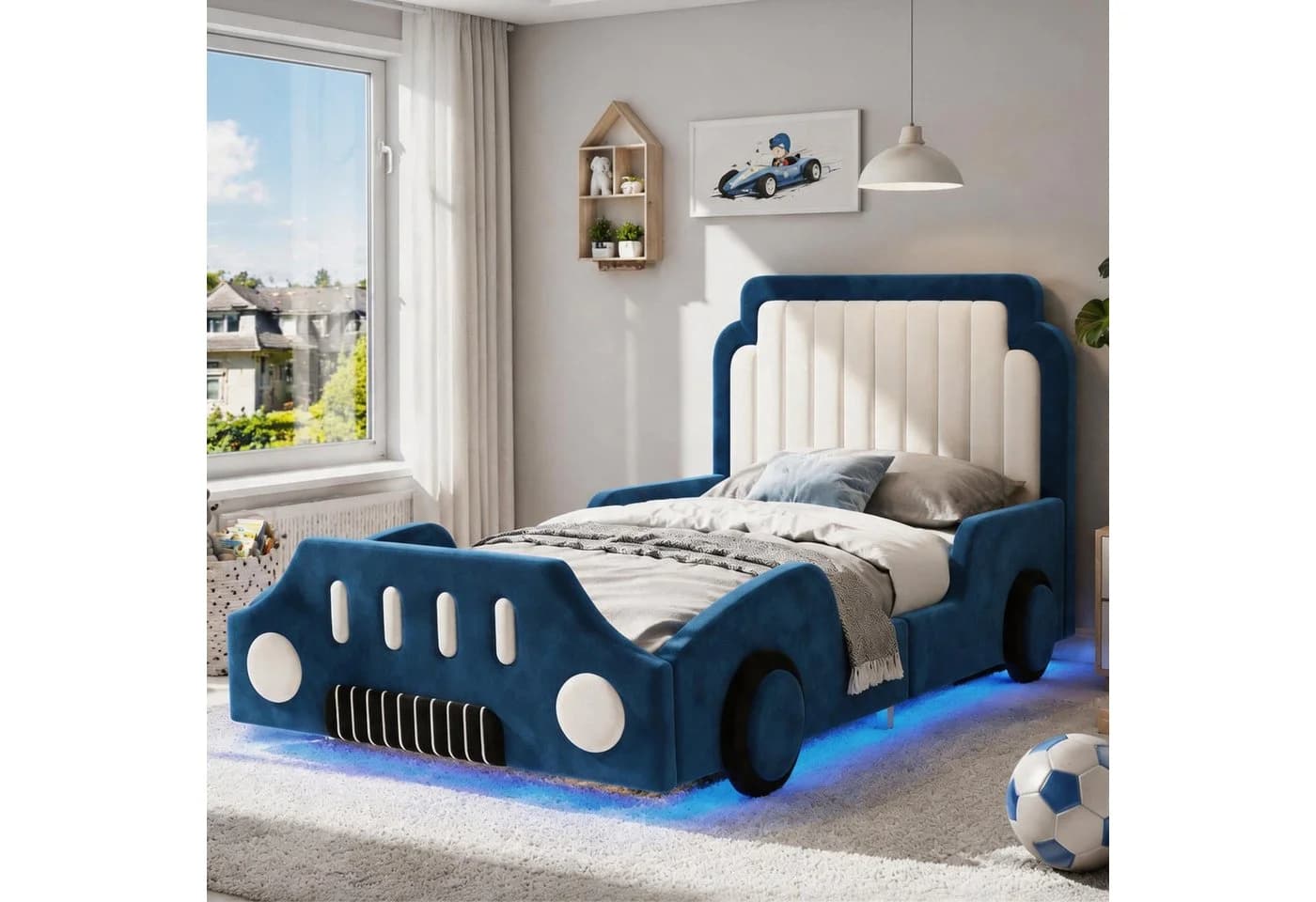 Flieks Autobett Kinderbett mit LED-Beleuchtung und Schutzgeländer