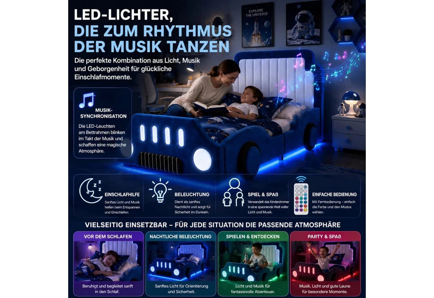 Flieks Autobett Kinderbett mit LED-Beleuchtung und Schutzgeländer - Bild 5