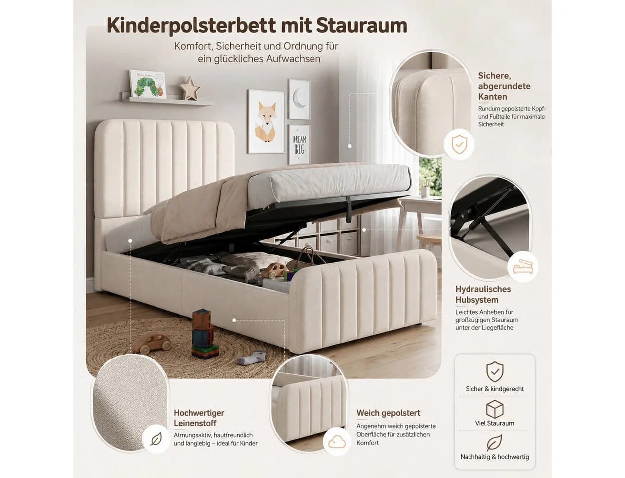 Flieks Polsterbett 90x200 cm mit hydraulischem Stauraum Beige - Bild 3