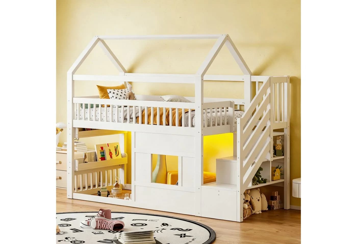 Flieks Hochbett 90x200cm mit Stauraumtreppe und LED-Beleuchtung Weiß