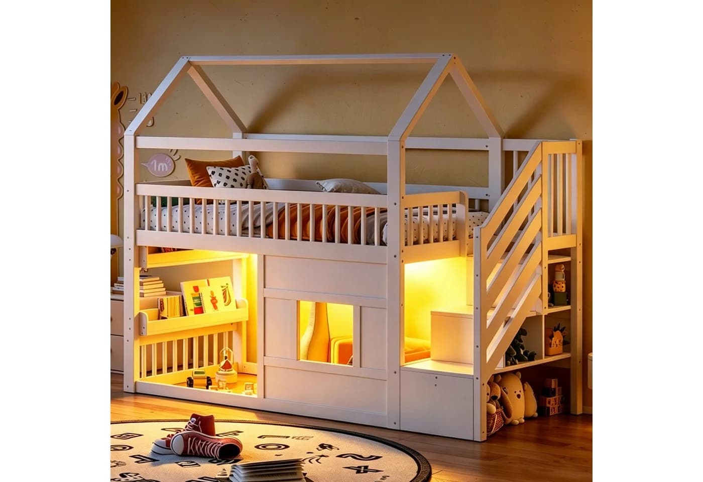 Flieks Hochbett 90x200cm mit Stauraumtreppe und LED-Beleuchtung Weiß - Bild 2