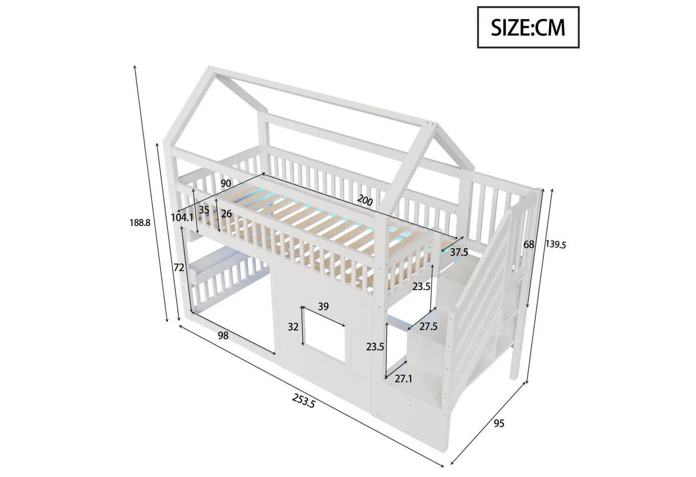 Flieks Hochbett 90x200cm mit Stauraumtreppe und LED-Beleuchtung Weiß - Bild 4