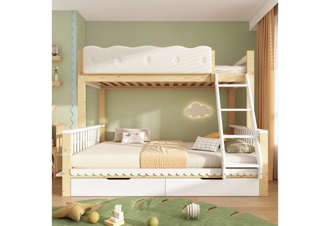 Flieks Etagenbett Kinderbett mit Wolken-Geländer und Schubladen