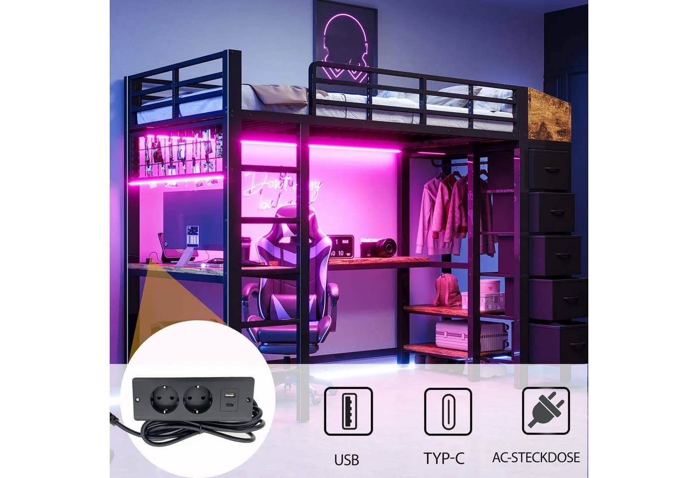 Flieks Hochbett Metallbett 90x200 mit Schreibtisch, LED & Stauraum - Bild 3