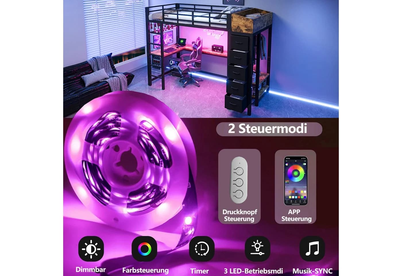 Flieks Hochbett Metallbett 90x200 mit Schreibtisch, LED & Stauraum - Bild 4