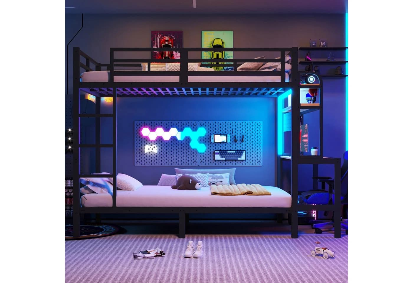 Flieks Etagenbett mit Stauraumregal, Schreibtisch, LED & USB Schwarz