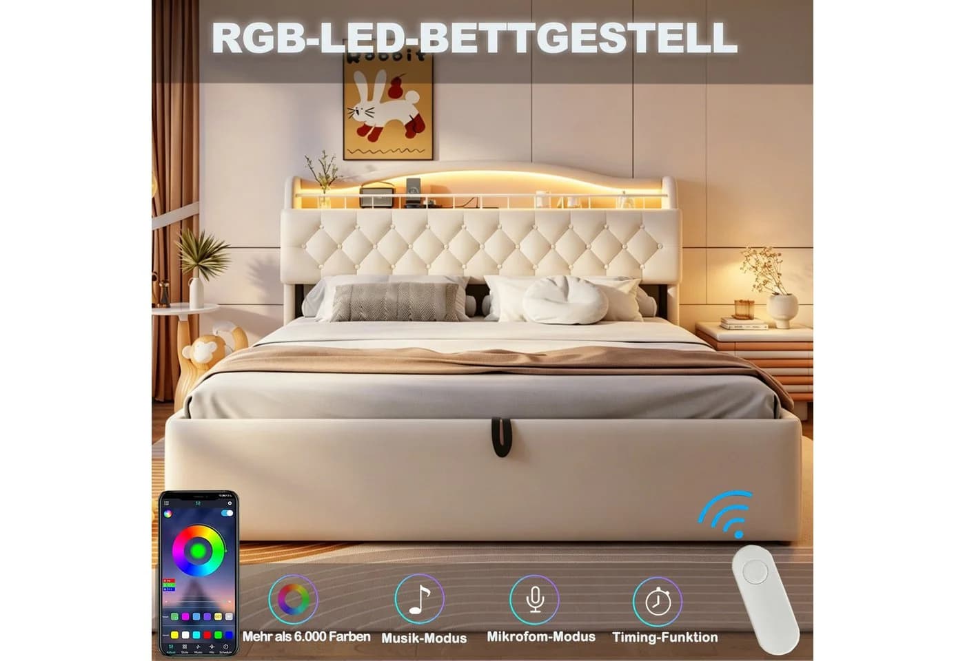Flieks Polsterbett Beige mit LED, Stauraum und hydraulischem System - Bild 3