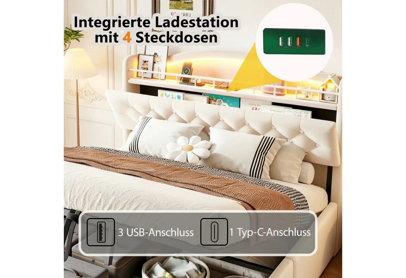 Flieks Polsterbett Beige mit LED, Stauraum und hydraulischem System - Bild 4