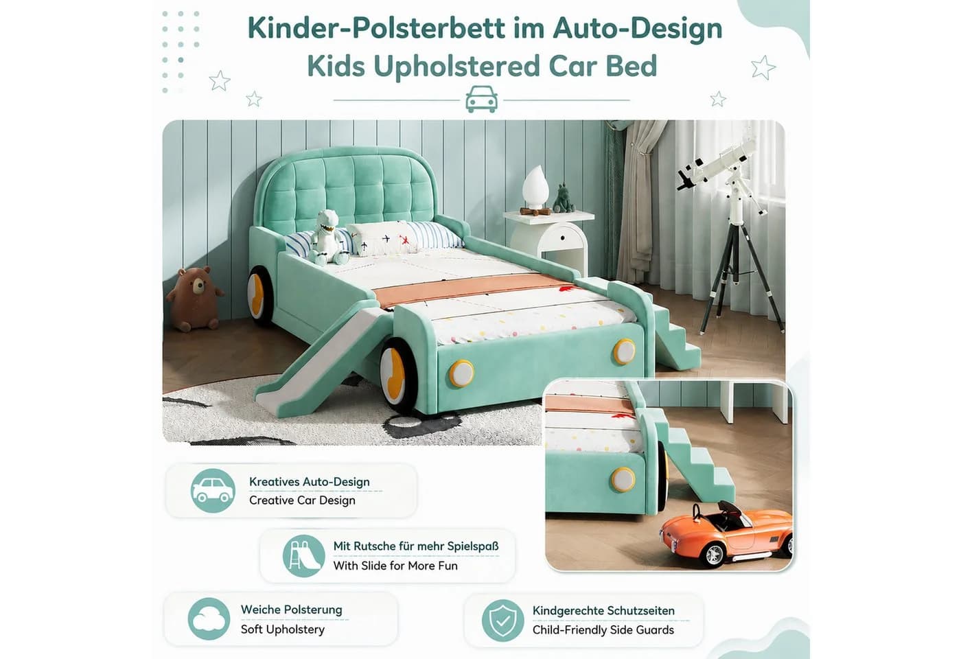 Flieks Polsterbett Autobett mit Rutsche und Treppe - Bild 4