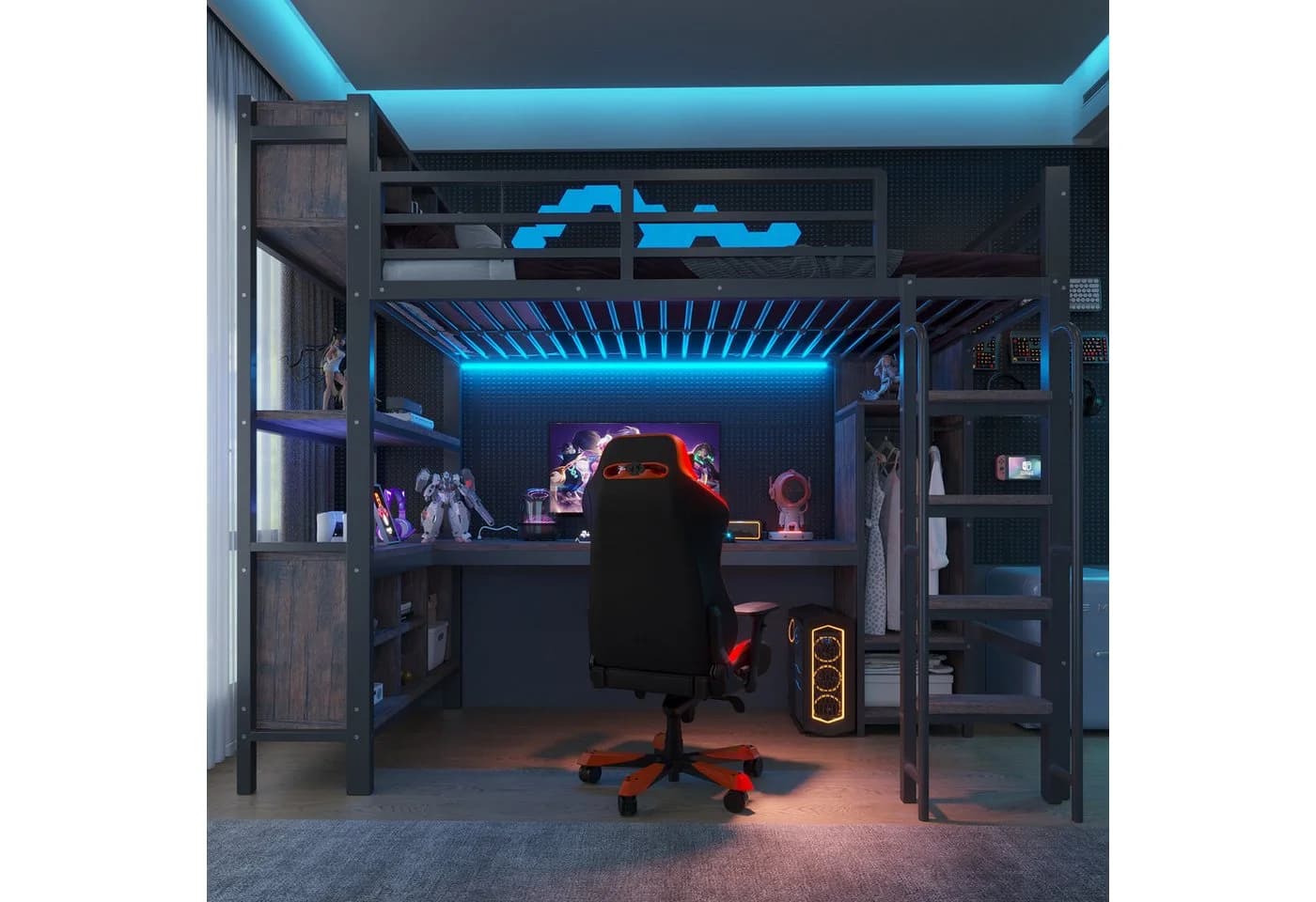 Flieks Hochbett 90x200cm mit Schreibtisch, Kleiderschrank, LED & USB Schwarz