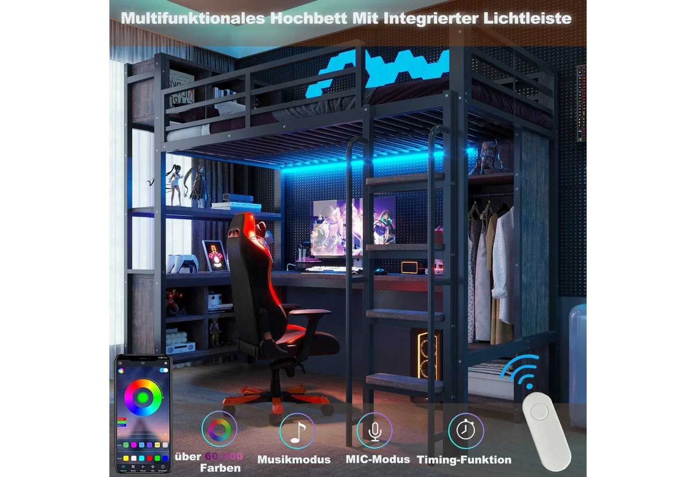 Flieks Hochbett 90x200cm mit Schreibtisch, Kleiderschrank, LED & USB Schwarz - Bild 3