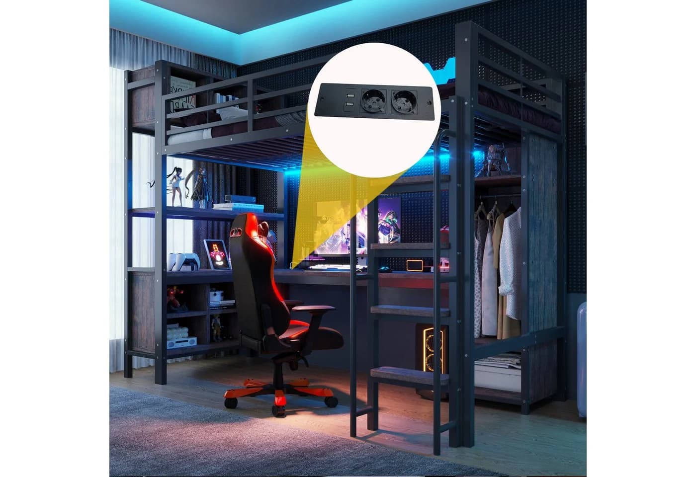 Flieks Hochbett 90x200cm mit Schreibtisch, Kleiderschrank, LED & USB Schwarz - Bild 4